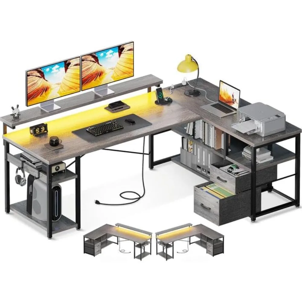L-shaped gray gaming table with power outlet and LED bar, 61-inch reversible work desk with drawer monitor stand storage
L-shaped gray gaming table with power outlet and LED bar, 61-inch reversible work desk with drawer monitor stand storage