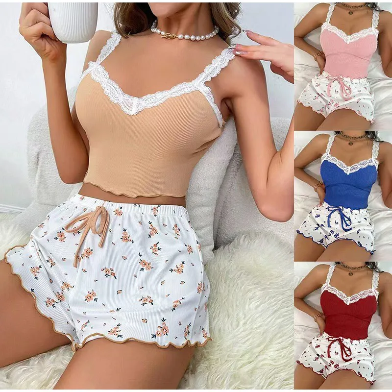 Summer Ribbed Knitted Camisole Set Women's Flower Print Lace Trimmed Vest with Bow Shorts Sexy Two-Piece Pajama Loungewear
Summer Ribbed Knitted Camisole Set Women's Flower Print Lace Trimmed Vest with Bow Shorts Sexy Two-Piece Pajama Loungewear