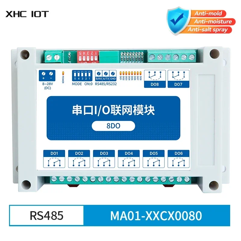 8DO ModBus RTU Serial IO Module RS485 Interface 8 Channels 8~28V DC Guide Rail Installation XHCIOT MA01-XXCX0080
8DO ModBus RTU Serial IO Module RS485 Interface 8 Channels 8~28V DC Guide Rail Installation XHCIOT MA01-XXCX0080