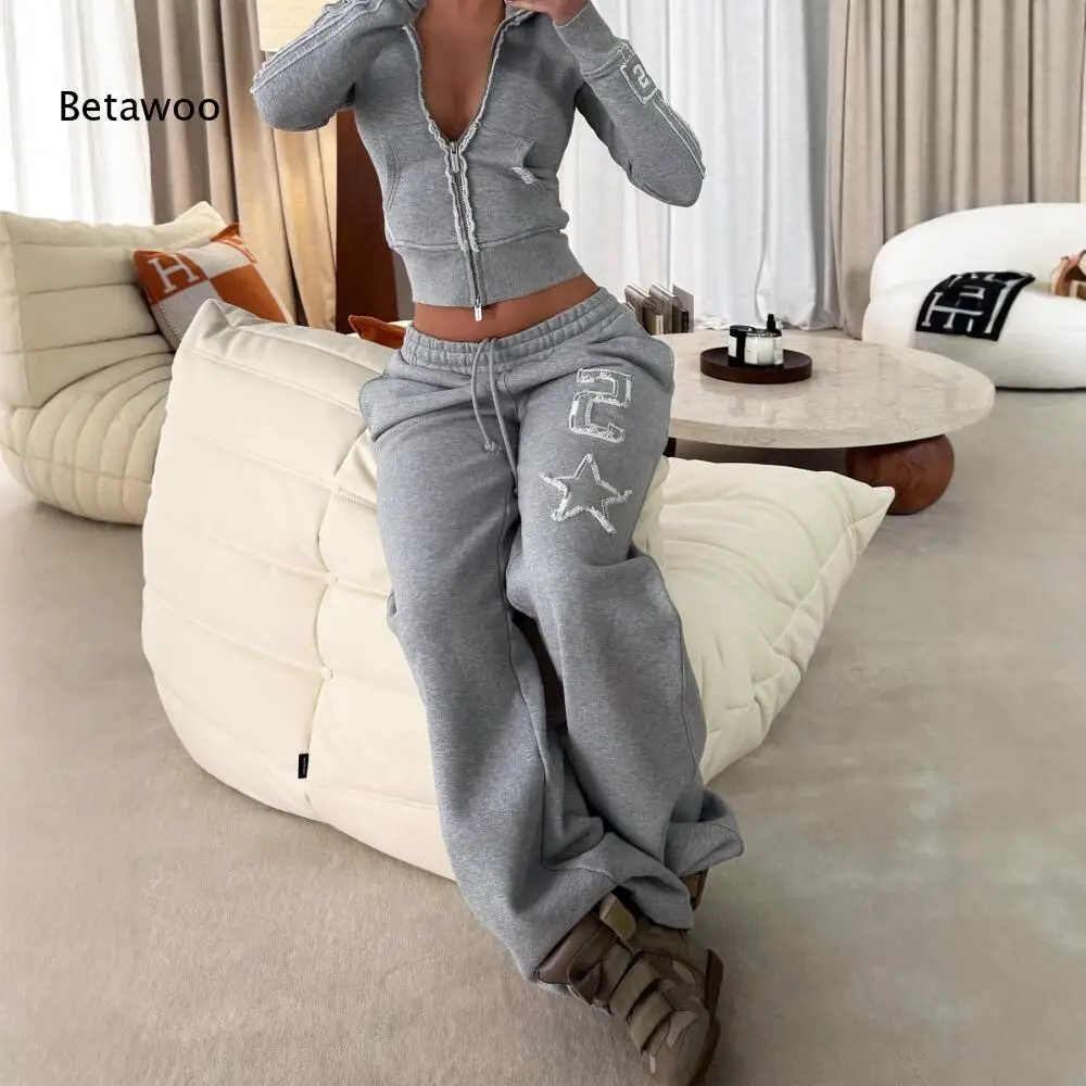 Womens Long Sleeve Zip Hooded Top Star Patch Elastic Waist Wide Leg Pants Set
Womens Long Sleeve Zip Hooded Top Star Patch Elastic Waist Wide Leg Pants Set