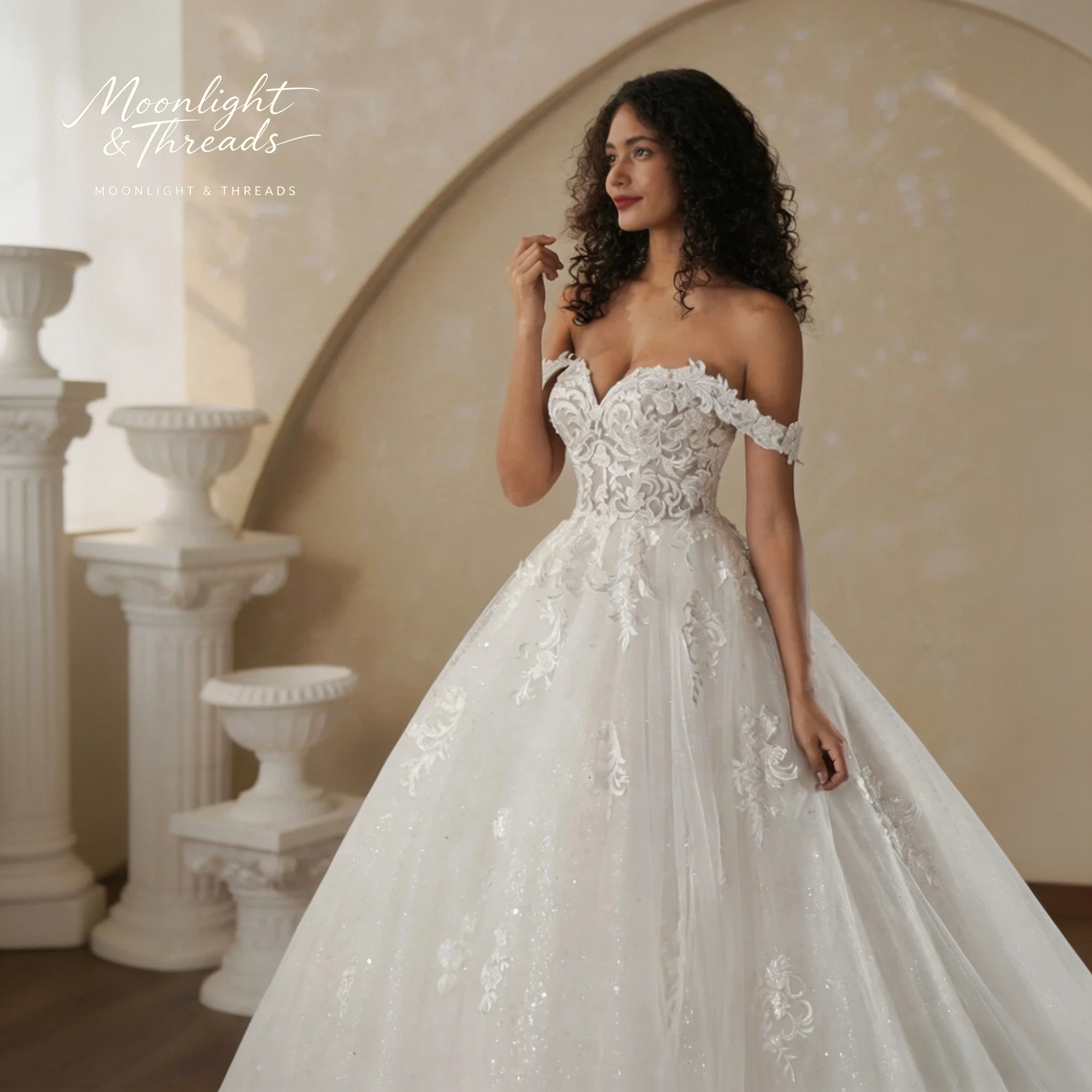 White off-the-shoulder strapless ball gown wedding dress with embroidery and an open back design.
White off-the-shoulder strapless ball gown wedding dress with embroidery and an open back design.