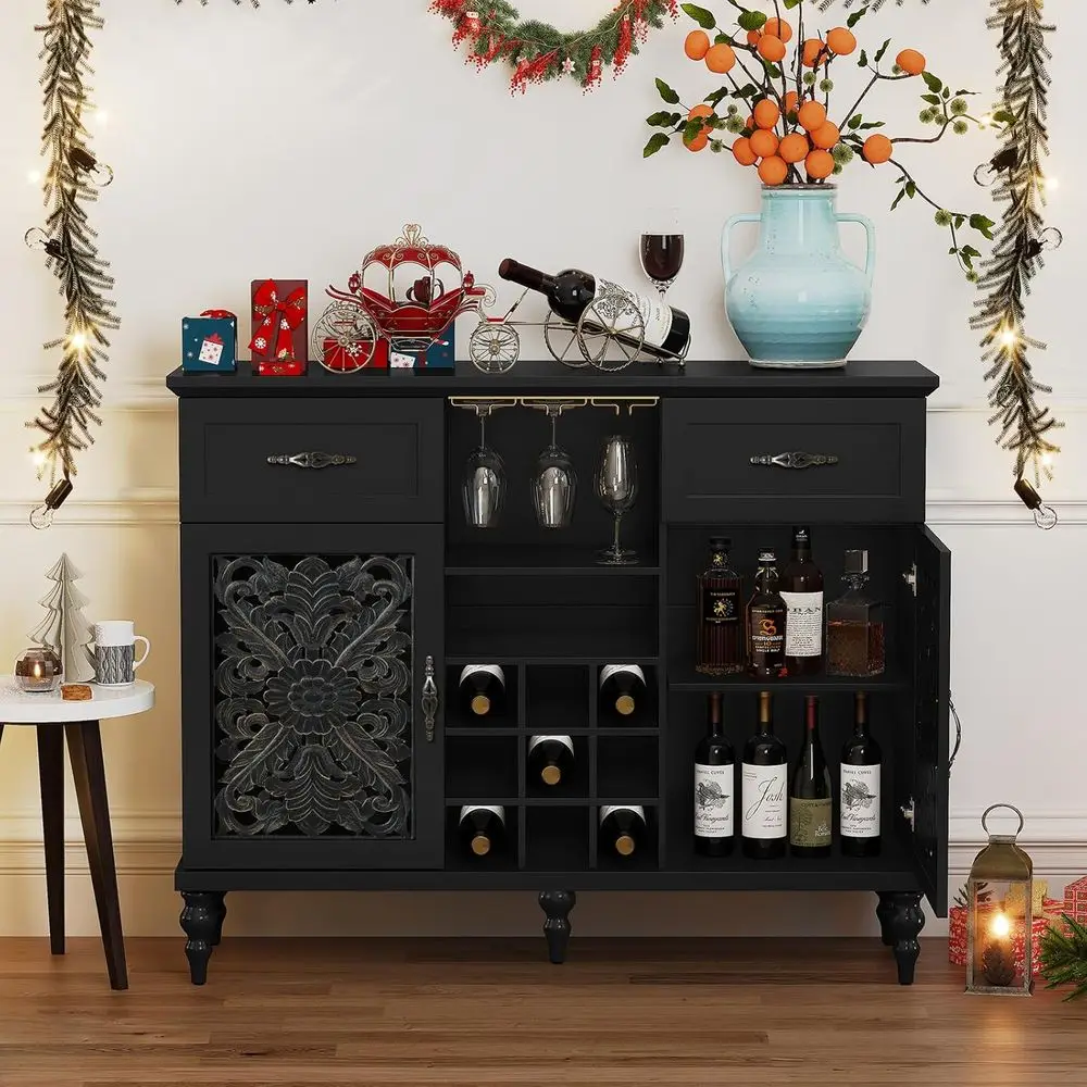 Vintage 47.2 Wine Bar Cabinet with Carved Doors, 9 Racks & Glass Holder, Antique Liquor Storage for Home
Vintage 47.2 Wine Bar Cabinet with Carved Doors, 9 Racks & Glass Holder, Antique Liquor Storage for Home