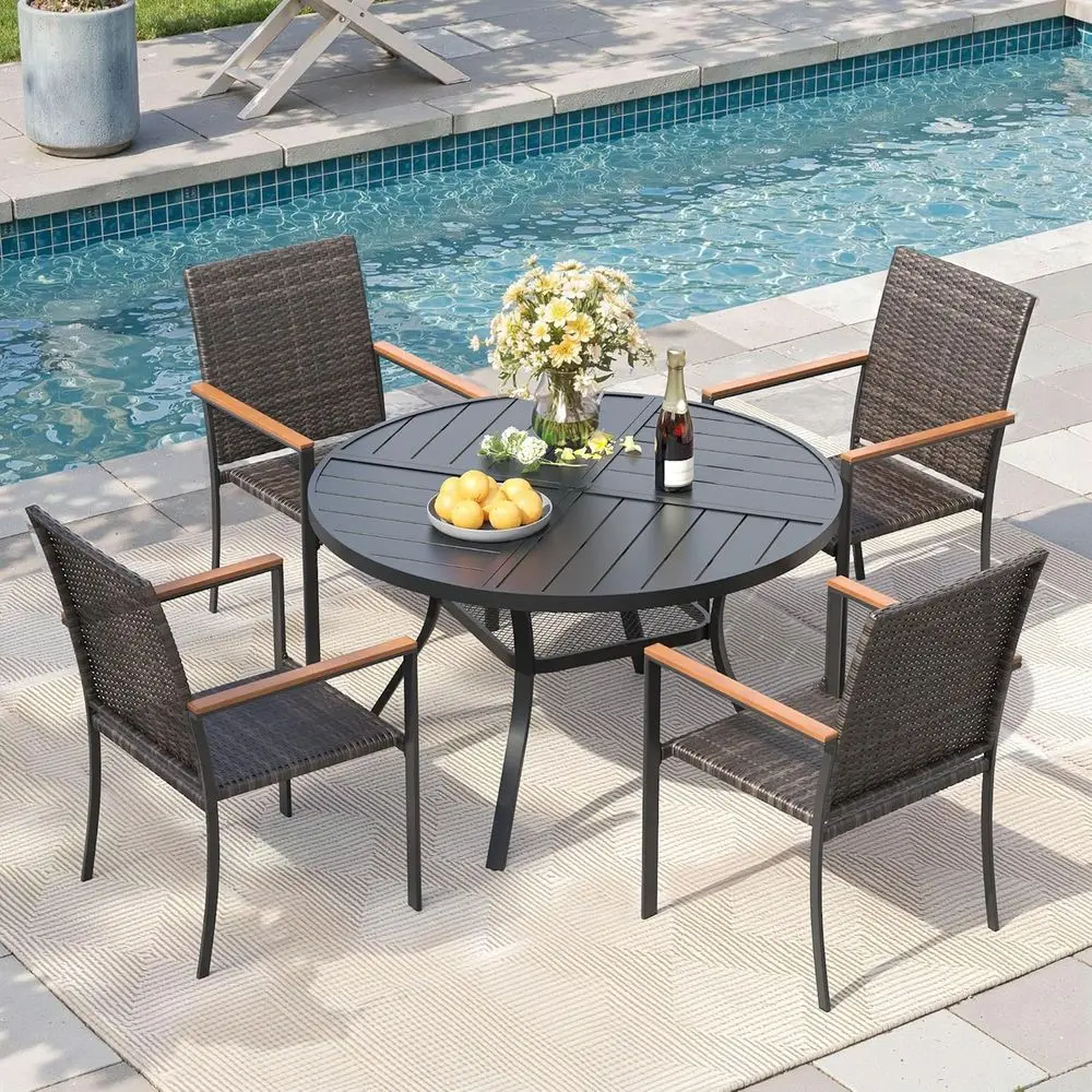 40.6 Round Metal Patio Dining Set with Stackable Wicker Chairs and Umbrella Hole
40.6 Round Metal Patio Dining Set with Stackable Wicker Chairs and Umbrella Hole