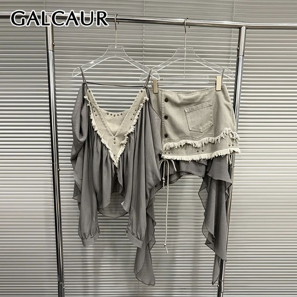 GALCAUR Colorblock Slimming Two Piece Set for Women V Neck Long Sleeves Patchwork Tassel Mini Skirt Set Female Fashion New Style
GALCAUR Colorblock Slimming Two Piece Set for Women V Neck Long Sleeves Patchwork Tassel Mini Skirt Set Female Fashion New Style