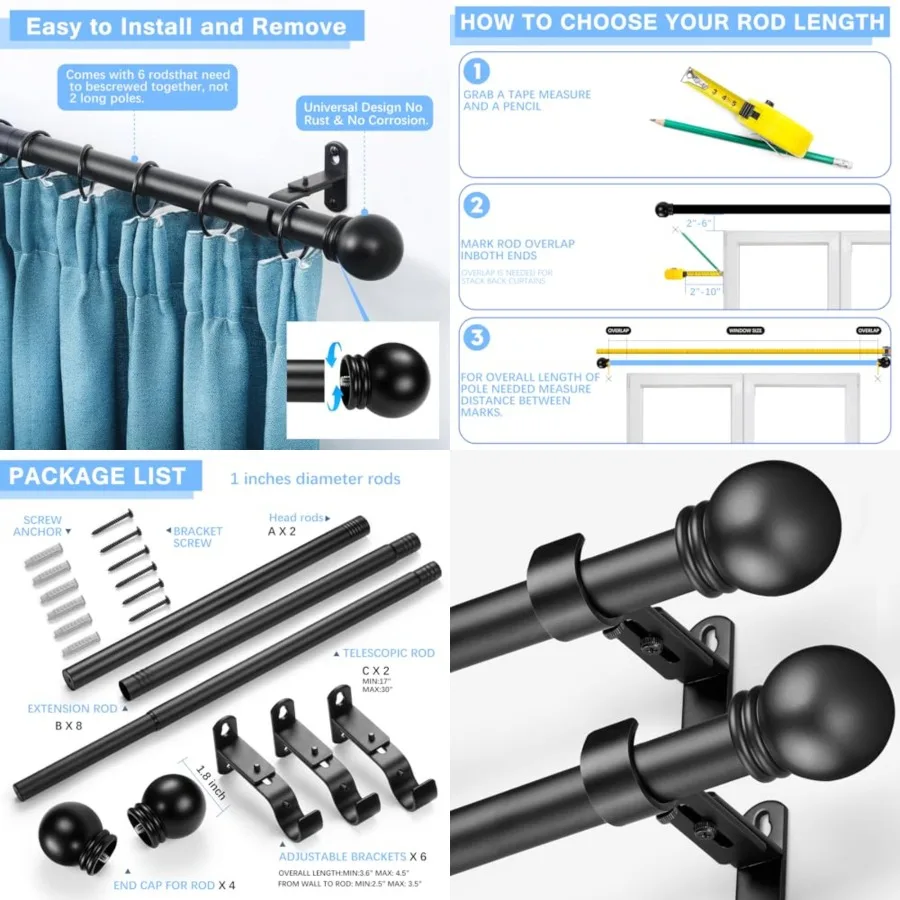 Curtain Rods for Windows 16 to 92 Inch, Curtain Rod Max Adjustable Length of 104 IN, 1 Diameter Drapery Rods Round Finials,,Pac
Curtain Rods for Windows 16 to 92 Inch, Curtain Rod Max Adjustable Length of 104 IN, 1 Diameter Drapery Rods Round Finials,,Pac