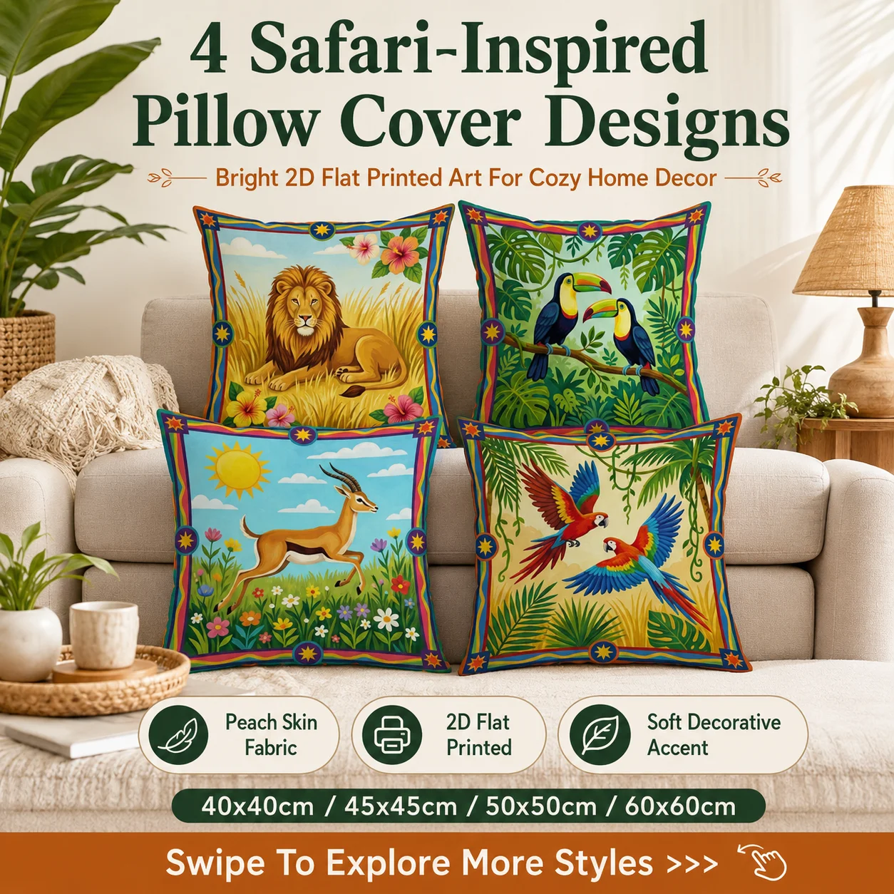 2D Flat Printed Safari Animal Pillowcase Peach Skin Colorful Lion Parrot Cushion Cover for Sofa Living Room Home Decor Accent
2D Flat Printed Safari Animal Pillowcase Peach Skin Colorful Lion Parrot Cushion Cover for Sofa Living Room Home Decor Accent