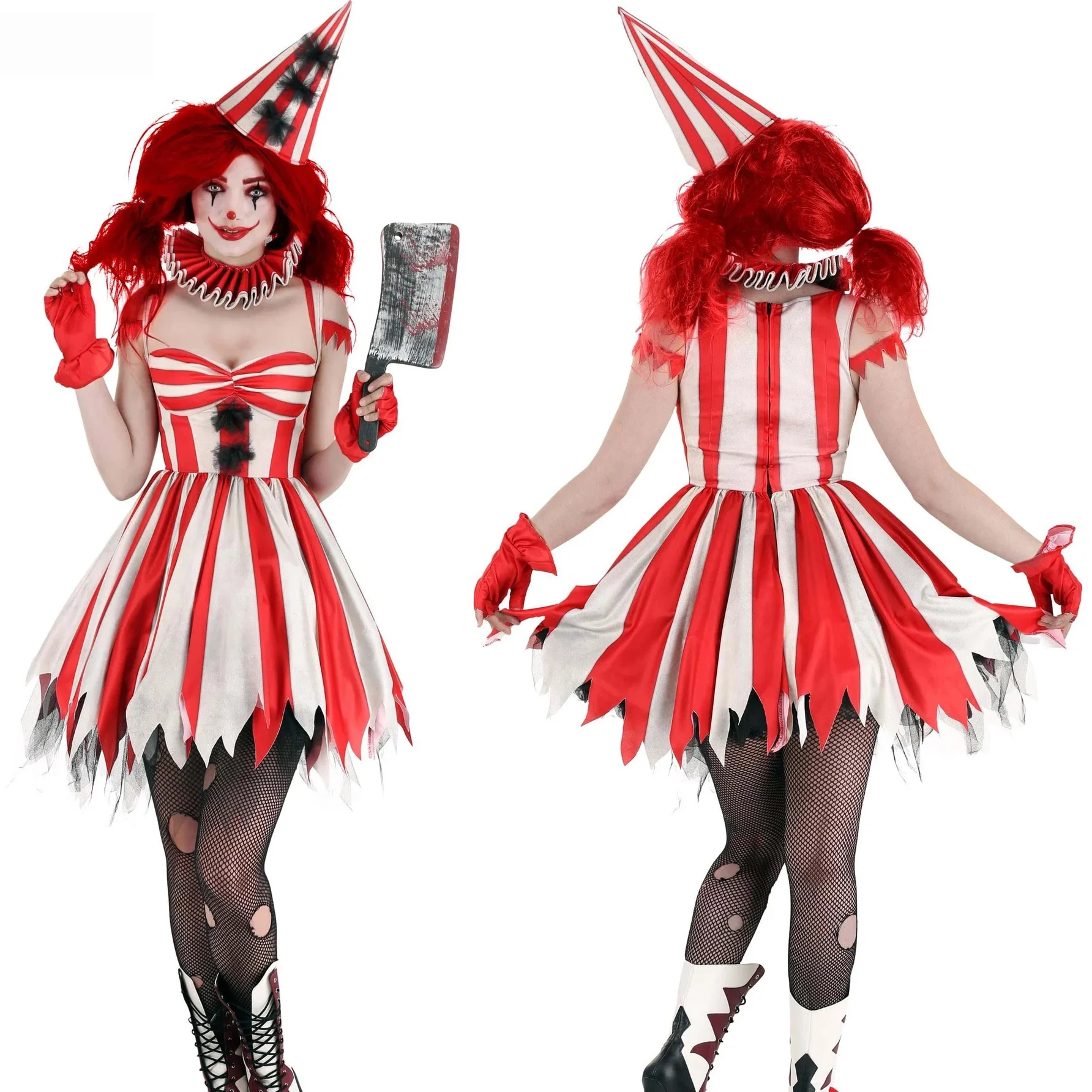 Circus Carnival Clown Costume Red And White Striped Dress with Party Hat Halloween Outfit For Women
Circus Carnival Clown Costume Red And White Striped Dress with Party Hat Halloween Outfit For Women