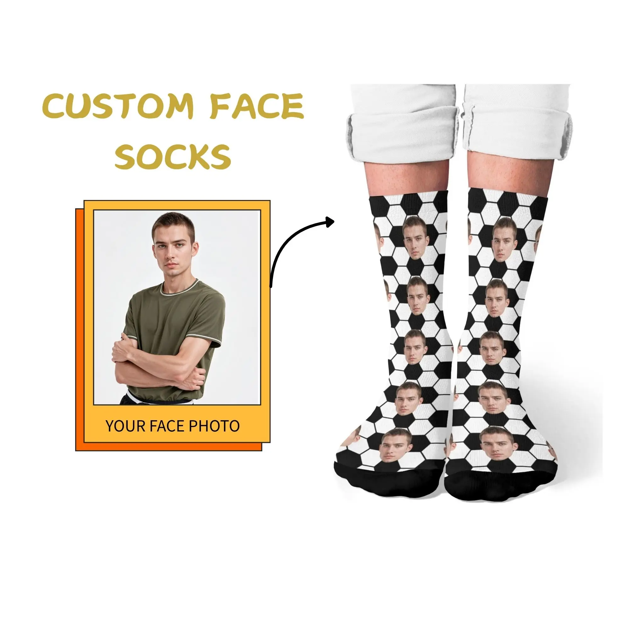 Custom Face Soccer Socks Black & White Hexagon Pattern Print for Sporty Vibes Ideal Personalized Gifts for Football Fans
Custom Face Soccer Socks Black & White Hexagon Pattern Print for Sporty Vibes Ideal Personalized Gifts for Football Fans