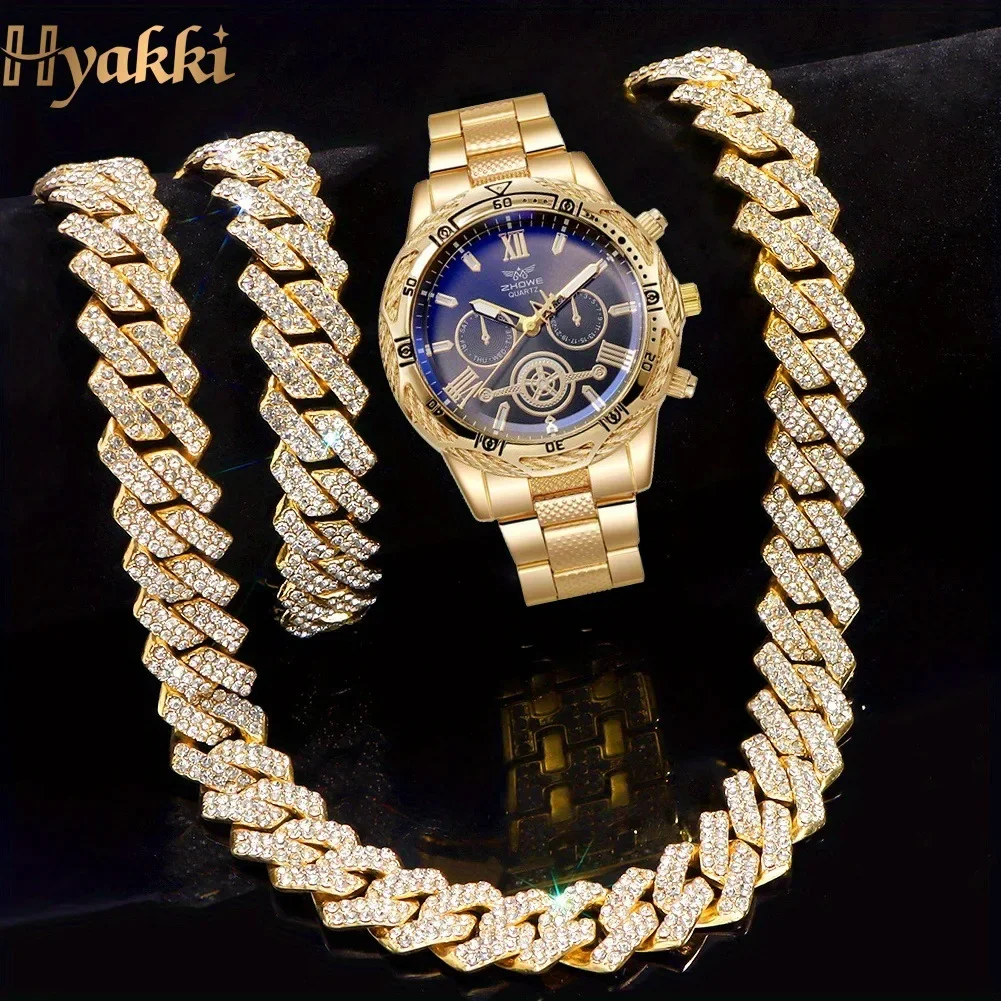 Men's quartz watch and frozen Cuban chain necklace set, 3-piece set, fashionable business watch, father plot gift
Men's quartz watch and frozen Cuban chain necklace set, 3-piece set, fashionable business watch, father plot gift