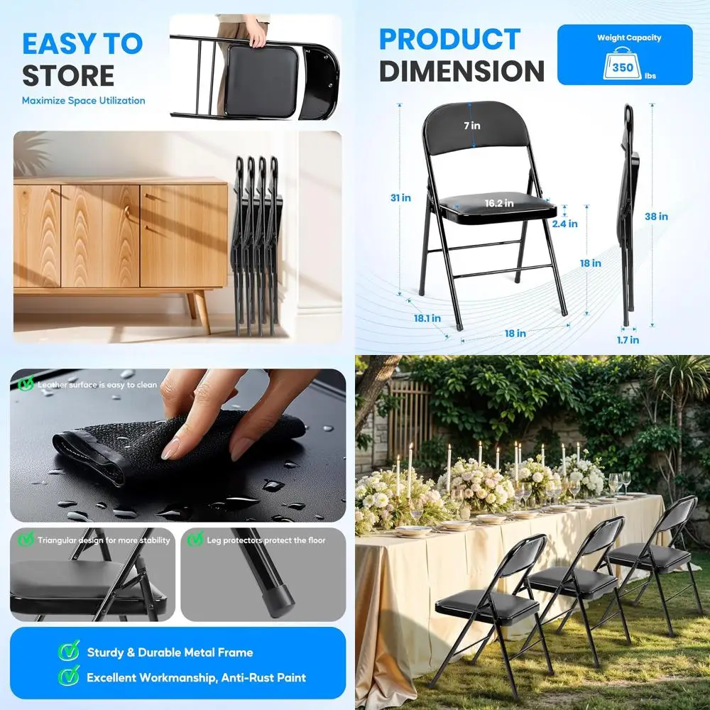4-Pack Leather Cushioned Metal Folding Chairs - Comfortable, Portable, Ideal for Events, Outdoors, Home, or Office, Black
4-Pack Leather Cushioned Metal Folding Chairs - Comfortable, Portable, Ideal for Events, Outdoors, Home, or Office, Black