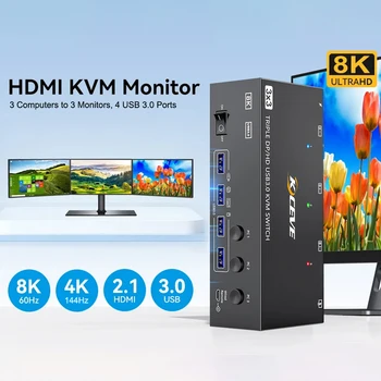 Latest HDMI USB 3.0 KVM Switch 3 Monitors 3 PCs 8K@60Hz 4K@144Hz Triple Monitoring KVM Switch with 4 USB 3.0 Ports