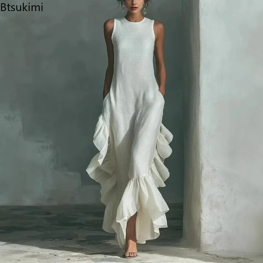 2026 Fashion Retro Solid Sleeveless Long Dress Women's O Neck Loose Maxi Dress Summer Ruffle Hem Boho Beach Tank Dress Sundress
2026 Fashion Retro Solid Sleeveless Long Dress Women's O Neck Loose Maxi Dress Summer Ruffle Hem Boho Beach Tank Dress Sundress