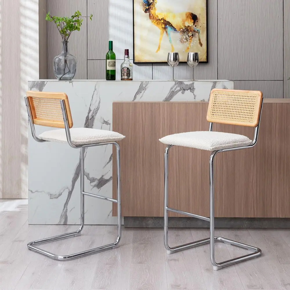 Boucle Rattan Bar Stools Set of 2, 29 Bar Height Stools with Natural Cane Back, Solid Wood Frame Bar Chairs with Chrome Legs, C
Boucle Rattan Bar Stools Set of 2, 29 Bar Height Stools with Natural Cane Back, Solid Wood Frame Bar Chairs with Chrome Legs, C
