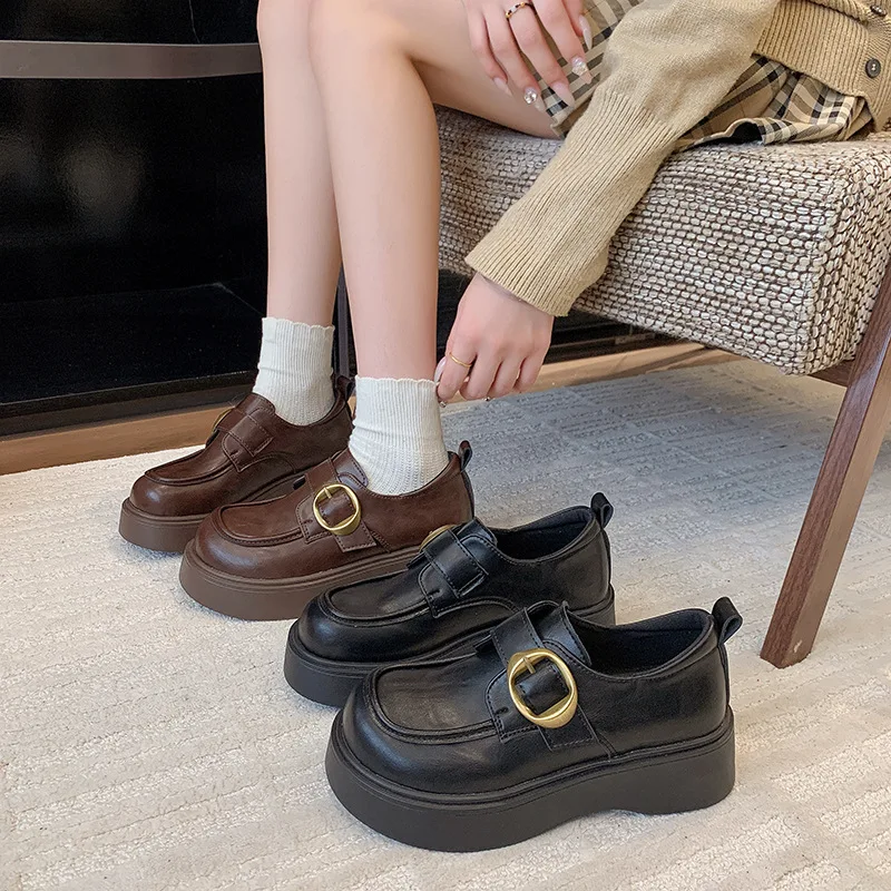 Women's Thick-Soled Leather Shoes Spring and Summer New British Style Loafers with Belt Buckle Platform Sole Black Single Shoes
Women's Thick-Soled Leather Shoes Spring and Summer New British Style Loafers with Belt Buckle Platform Sole Black Single Shoes