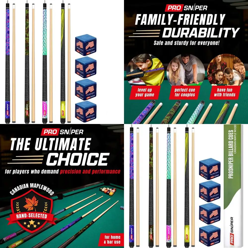 Canadian Maple Pool Cues Set: 4x 58-Inch, 19-Oz with Low-Deflection Shafts and 4 Chalks for Home & Bar Billiards
Canadian Maple Pool Cues Set: 4x 58-Inch, 19-Oz with Low-Deflection Shafts and 4 Chalks for Home & Bar Billiards