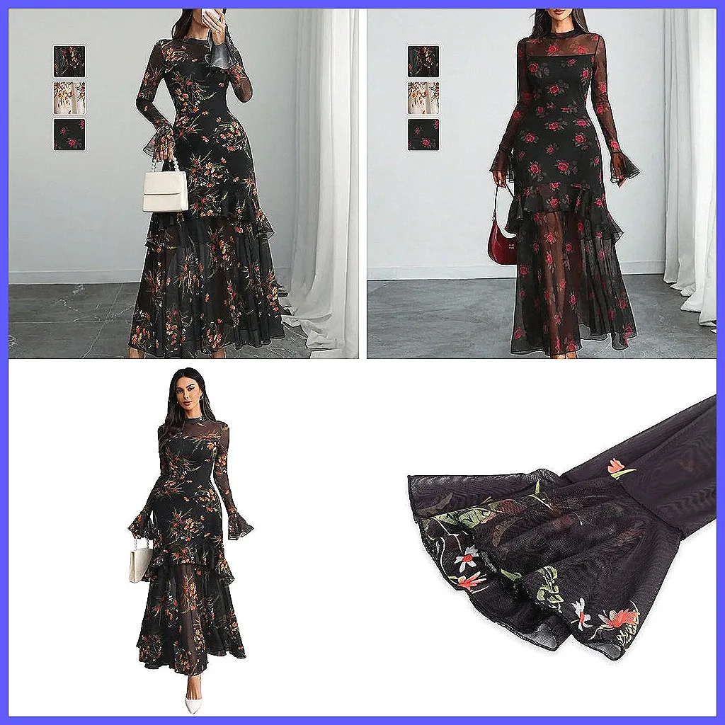 Elegant Floral Print Maxi Dress with Flare Sleeves for Women, Autumn Evening Party Gown
Elegant Floral Print Maxi Dress with Flare Sleeves for Women, Autumn Evening Party Gown
