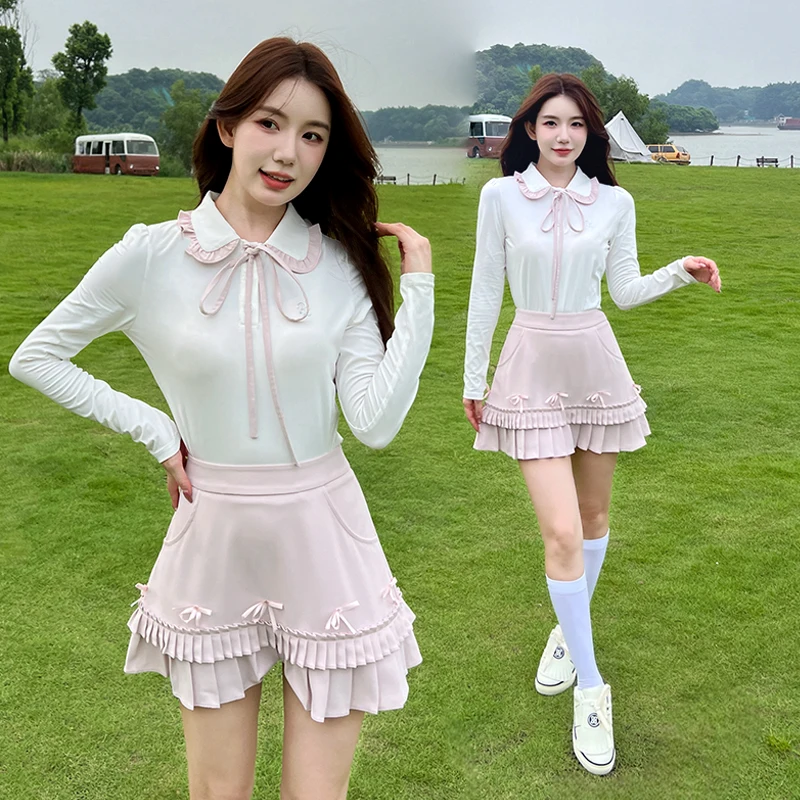 2025 Golf Clothing Women Long-Sleeve Polo Shirt Ruffle Collar Elastic Tennis Tops Lady Pleated Bow Skirts High Waist Golf Skorts
2025 Golf Clothing Women Long-Sleeve Polo Shirt Ruffle Collar Elastic Tennis Tops Lady Pleated Bow Skirts High Waist Golf Skorts