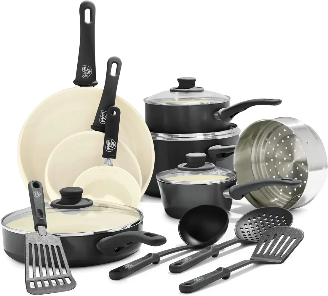 GreenLife Soft Grip Healthy Ceramic Nonstick 16 Piece Kitchen Cookware Pots and Frying Sauce Pans Set, Dishwasher Safe
GreenLife Soft Grip Healthy Ceramic Nonstick 16 Piece Kitchen Cookware Pots and Frying Sauce Pans Set, Dishwasher Safe