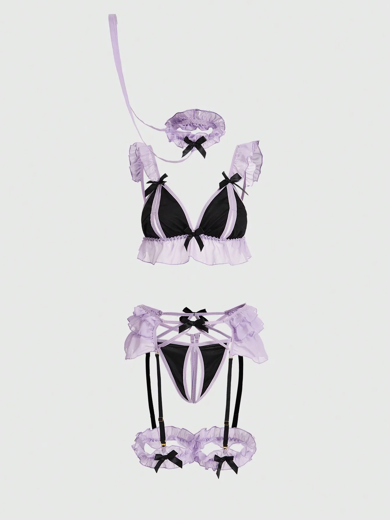 Комплект нижнего белья Kawaii из 6 предметов: фиолетово-черный, с оборками, бантиками и подвязками
Комплект нижнего белья Kawaii из 6 предметов: фиолетово-черный, с оборками, бантиками и подвязками