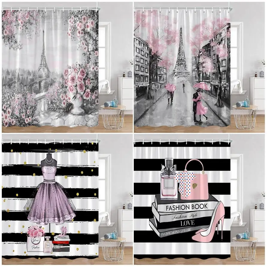 Vintage Paris Tower Shower Curtains Pink Floral Fashion Black and White Stripe High Heel Perfume Bathroom Curtain Bathtub Decor
Vintage Paris Tower Shower Curtains Pink Floral Fashion Black and White Stripe High Heel Perfume Bathroom Curtain Bathtub Decor