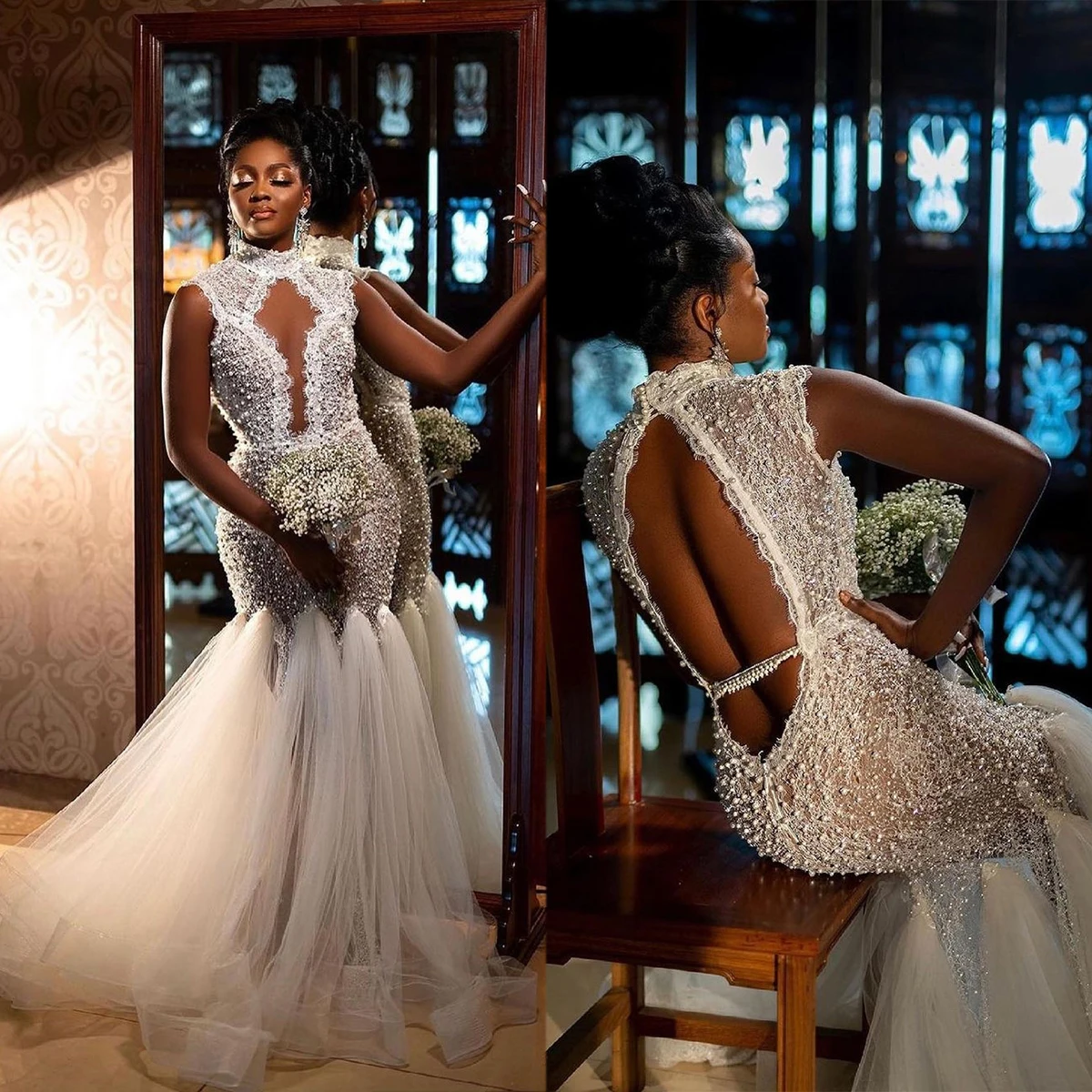 Gorgeous Mermaid Wedding Dresses High-neck Pearls Sleeveless Hollow Design Backless Tulle Gown Custom Made Bridal Robe De Mariée
Gorgeous Mermaid Wedding Dresses High-neck Pearls Sleeveless Hollow Design Backless Tulle Gown Custom Made Bridal Robe De Mariée