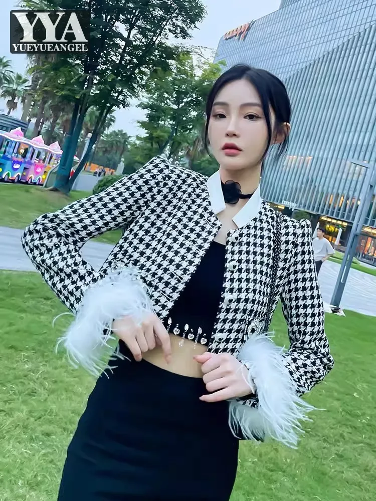 Spring Elegant Women Plaid Jacket Stand Collar Single Breasted Outerwear Long Sleeve Feather Diamonds Office Lady Short Coat
Spring Elegant Women Plaid Jacket Stand Collar Single Breasted Outerwear Long Sleeve Feather Diamonds Office Lady Short Coat