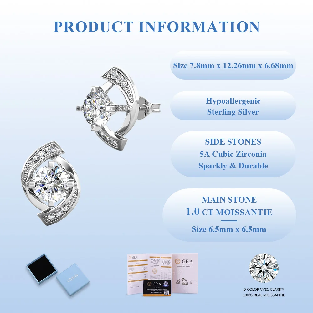 D VVS1 Moissanite GRA Certified Earrings for Women 925 Sterling Silver 18k White Gold Plated Elegant Comfort Fit
D VVS1 Moissanite GRA Certified Earrings for Women 925 Sterling Silver 18k White Gold Plated Elegant Comfort Fit