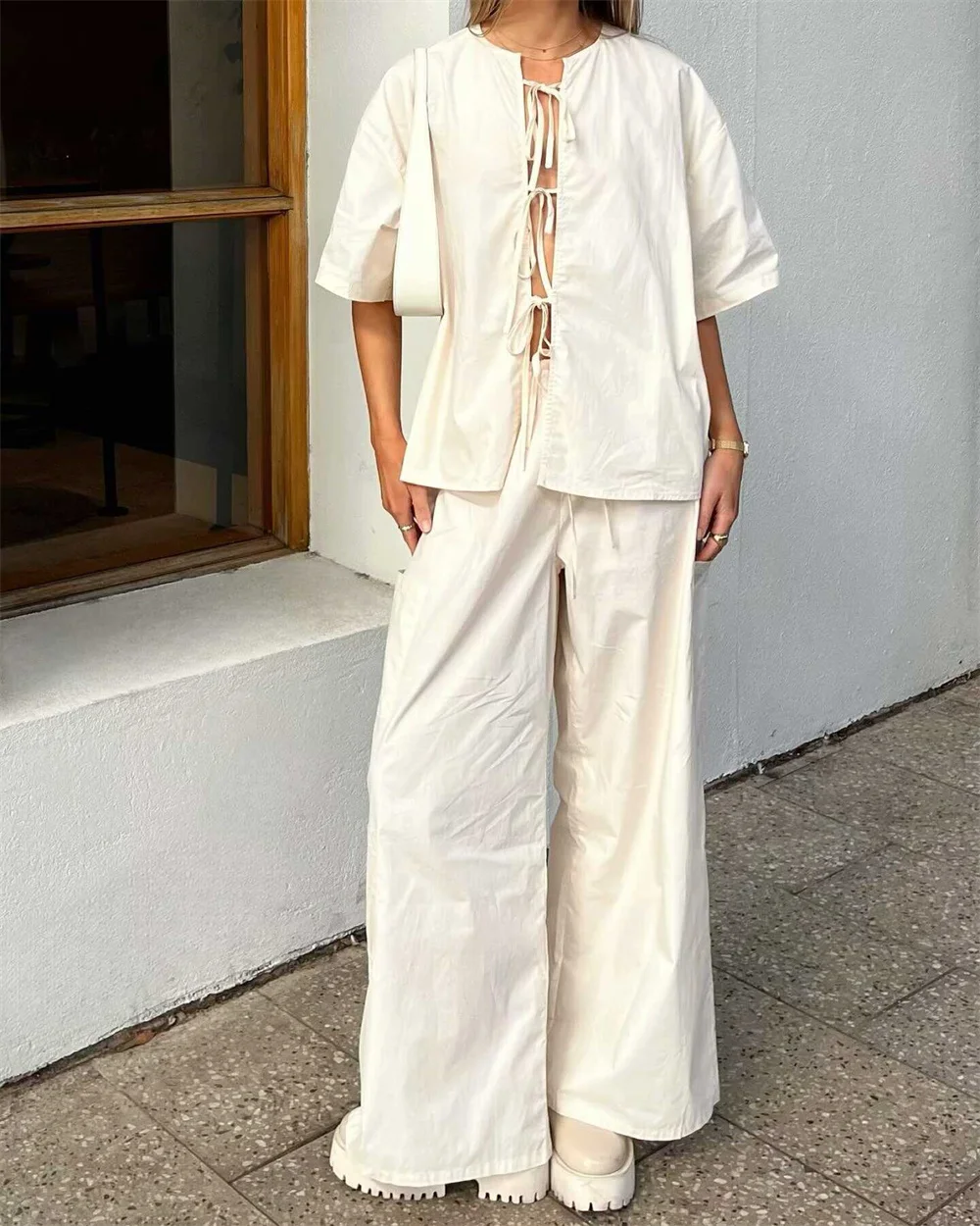 White Lace Up Bow Shirt Pants 2 Piece Set for Women Summer Casual Loose Half Sleeve Tops and Straight Trousers Lady Outfits
White Lace Up Bow Shirt Pants 2 Piece Set for Women Summer Casual Loose Half Sleeve Tops and Straight Trousers Lady Outfits