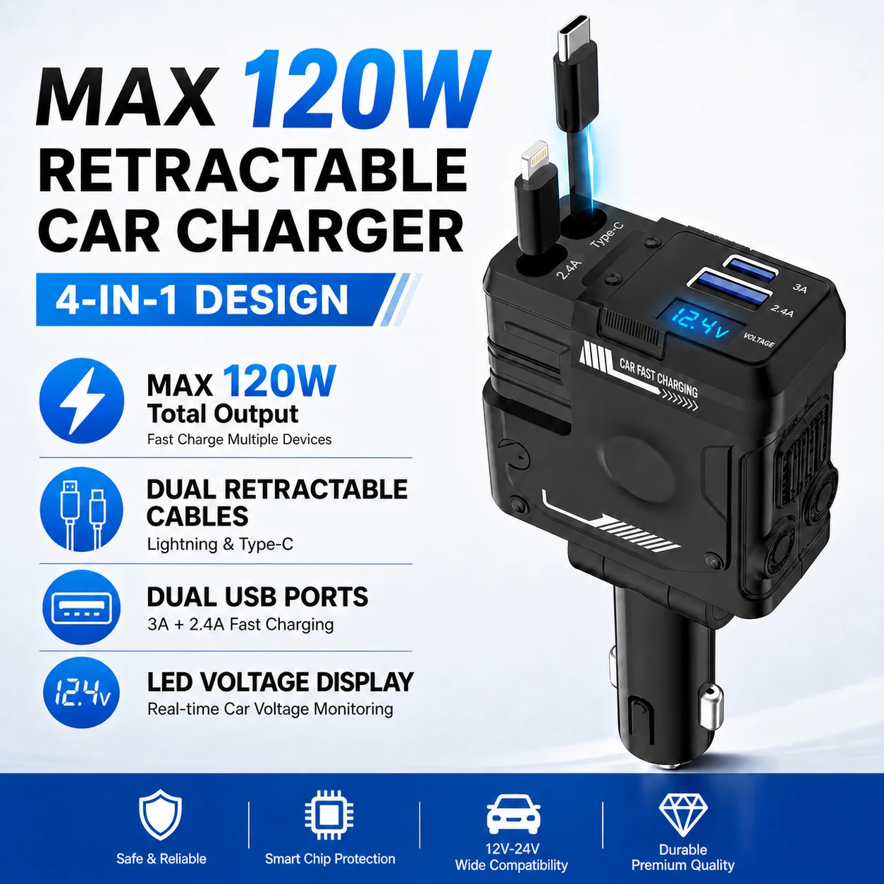 120W 4-in-1 Retractable Car Charger Type C Lightning Cable USB Car Adapter LED Voltage Display 180 Degree Adjustable
120W 4-in-1 Retractable Car Charger Type C Lightning Cable USB Car Adapter LED Voltage Display 180 Degree Adjustable