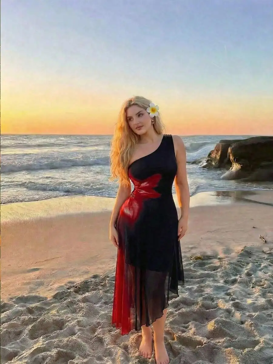 Elegant Black One Shoulder Midi Dress With Red Ruched Detail For Women Summer Beach Party
Elegant Black One Shoulder Midi Dress With Red Ruched Detail For Women Summer Beach Party