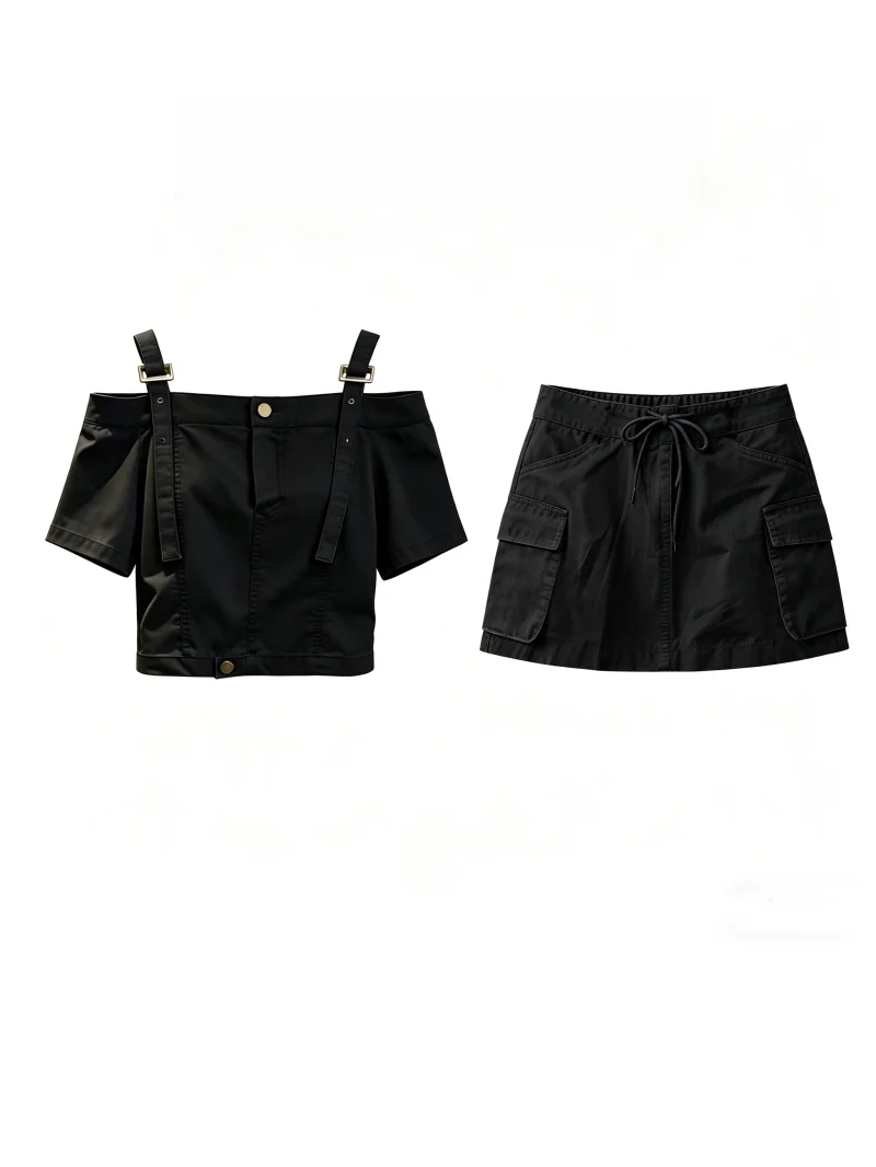 Retro Style Black Versatile Shoulder Bared Short Sleeve Top And Skirt Two Piece Set Fashionable Korean Loose Fit Spring Wear
Retro Style Black Versatile Shoulder Bared Short Sleeve Top And Skirt Two Piece Set Fashionable Korean Loose Fit Spring Wear