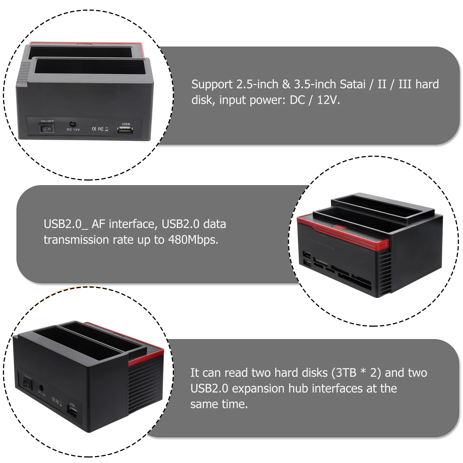 Dual Bay Disk Enclosure 12V 3A External Docking Station For 2 Hdds Up To 3Tb Usb 2.0 Hub Hard Drive Reader Aluminum Alloy
Dual Bay Disk Enclosure 12V 3A External Docking Station For 2 Hdds Up To 3Tb Usb 2.0 Hub Hard Drive Reader Aluminum Alloy