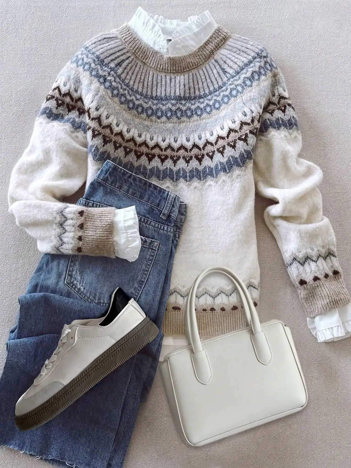 Women's Autumn/Winter Geometric Fair Isle Knit Sweater with Ruffled Collar, Loose Fit Round Neck Long Sleeve Pullover
Women's Autumn/Winter Geometric Fair Isle Knit Sweater with Ruffled Collar, Loose Fit Round Neck Long Sleeve Pullover