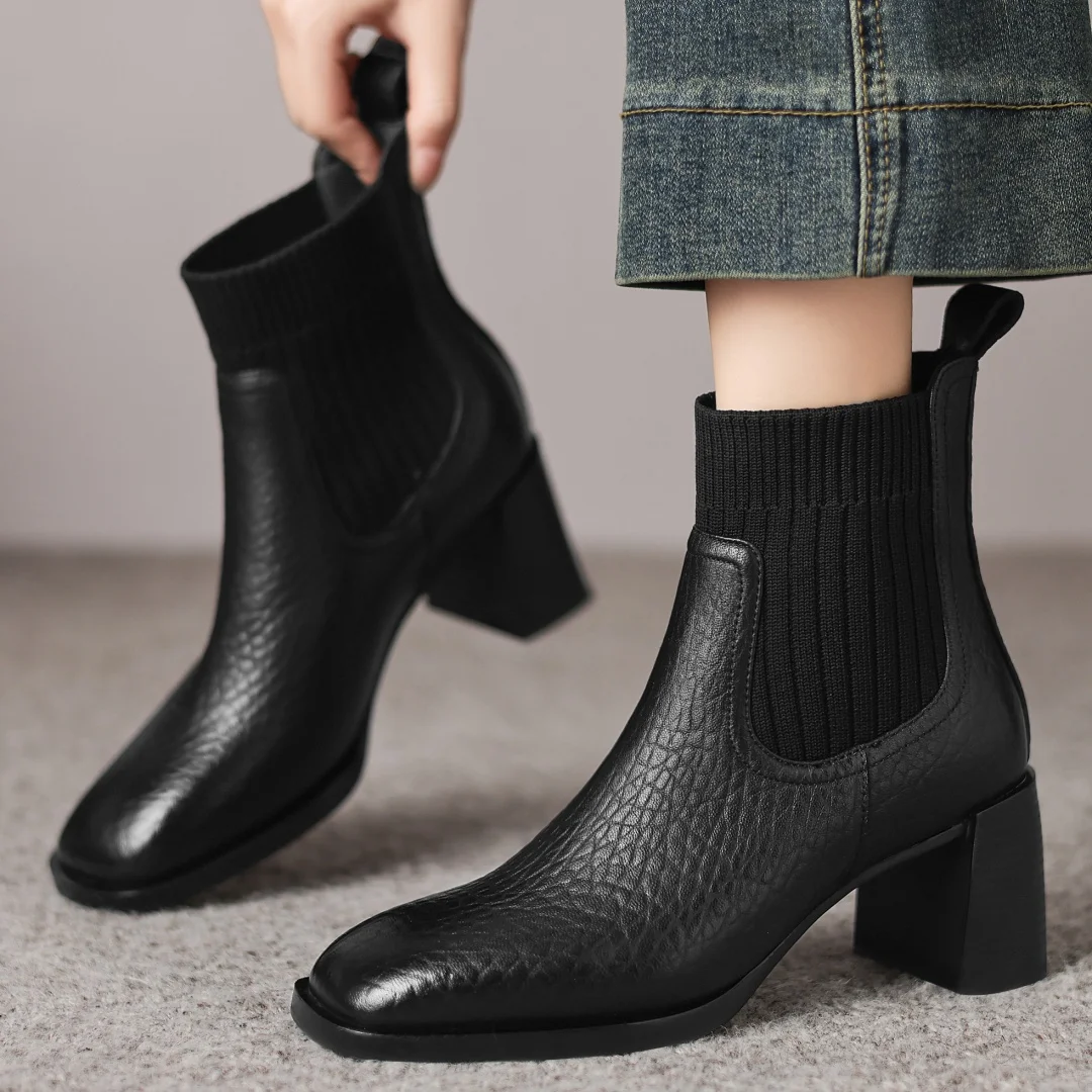 Women's sheepskin stretch knit patchwork slip-on autumn ankle boots 6.5cm thick high heel elegant ladies dress short booties hot
Women's sheepskin stretch knit patchwork slip-on autumn ankle boots 6.5cm thick high heel elegant ladies dress short booties hot
