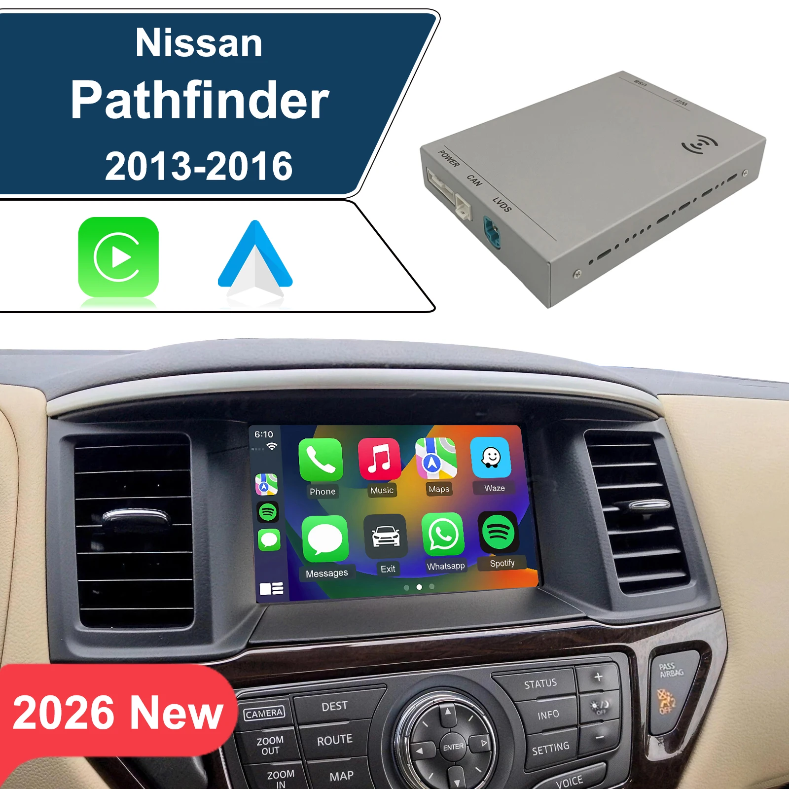 Беспроводной интерфейс CarPlay и Android Auto для Nissan Pathfinder 2013-2016, поддержка управления с руля, OEM-камера и микрофон
Беспроводной интерфейс CarPlay и Android Auto для Nissan Pathfinder 2013-2016, поддержка управления с руля, OEM-камера и микрофон