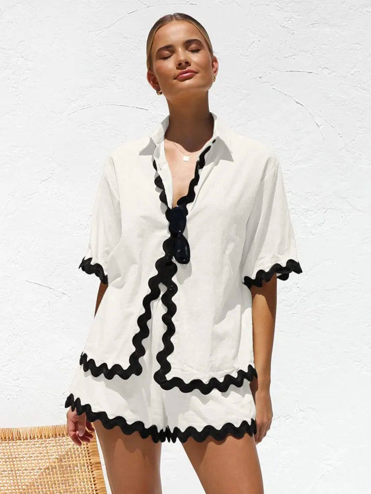 Simple Fashion Wave Splicing Solid Color Short Two Piece Set Women Casual Summer Short Sleeves Shirts Shorts Sets Trendy Female
Simple Fashion Wave Splicing Solid Color Short Two Piece Set Women Casual Summer Short Sleeves Shirts Shorts Sets Trendy Female