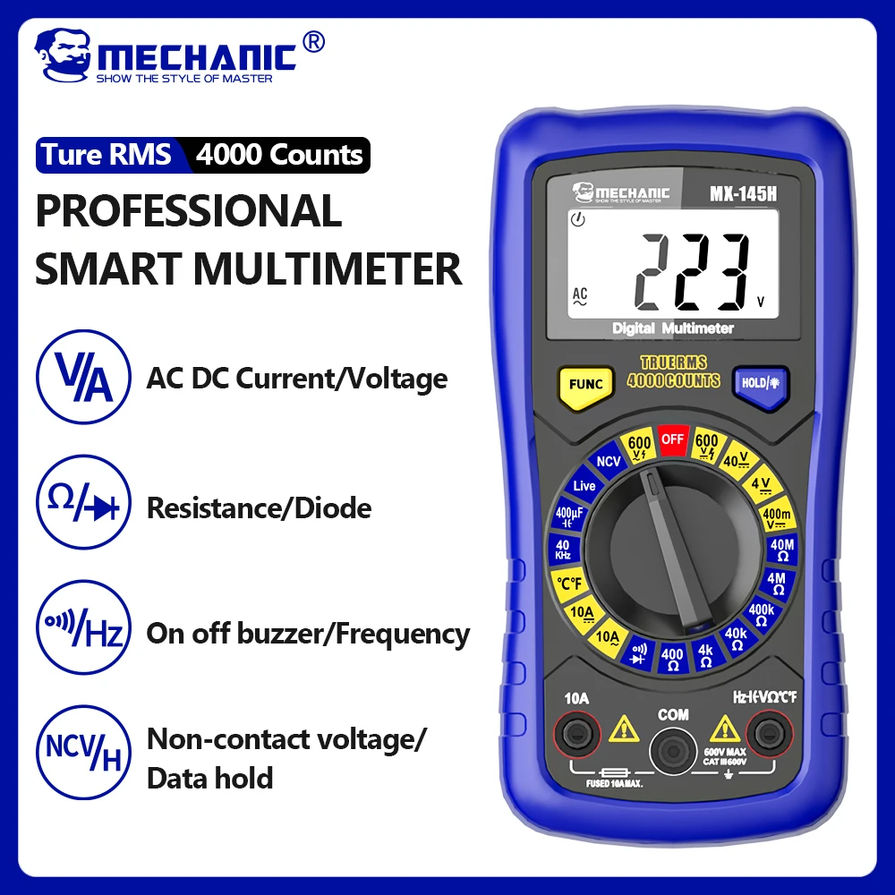 MECHANIC Intelligent Digital Multimeter Ture RMS AC/DC Voltage 600V NCV Ohm Anti-Burn Portable Profesional Electrician Tester
MECHANIC Intelligent Digital Multimeter Ture RMS AC/DC Voltage 600V NCV Ohm Anti-Burn Portable Profesional Electrician Tester