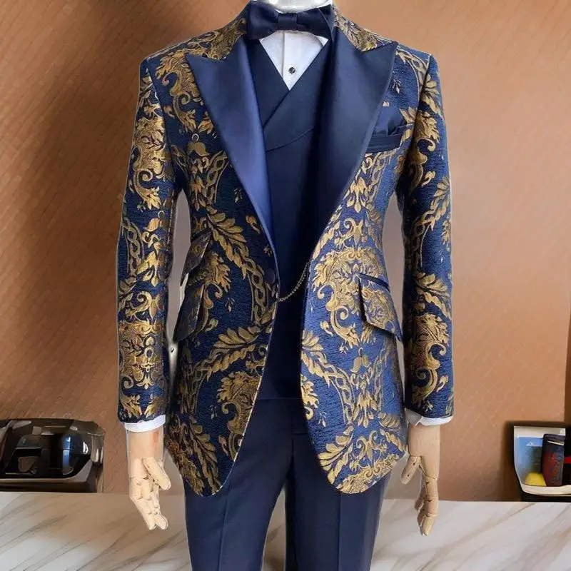 Floral Wedding Tuxedo Suits for Men Slim Fit Navy Blue Jacquard Gentleman Fashion Jacket with Vest Pant 3 Pcs Male Costume
Floral Wedding Tuxedo Suits for Men Slim Fit Navy Blue Jacquard Gentleman Fashion Jacket with Vest Pant 3 Pcs Male Costume
