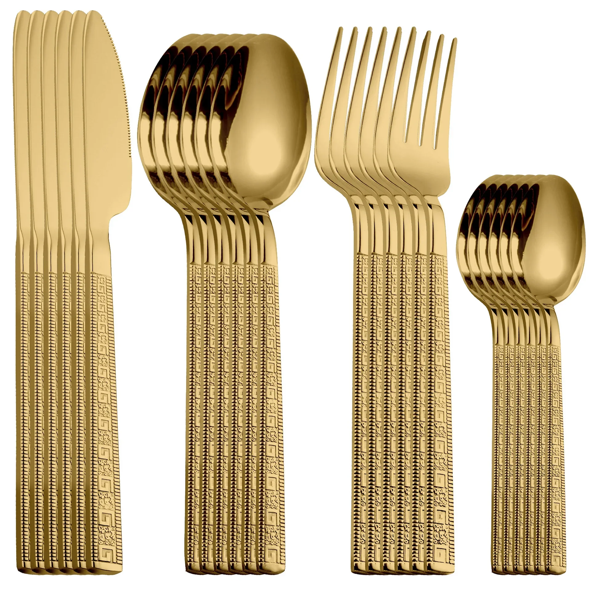 24Pcs Shiny Dinnerware Set Stainless Steel Cutlery Set Gold Tableware Knives Forks Spoon Dishwasher Safe Creative Handles Gift
24Pcs Shiny Dinnerware Set Stainless Steel Cutlery Set Gold Tableware Knives Forks Spoon Dishwasher Safe Creative Handles Gift