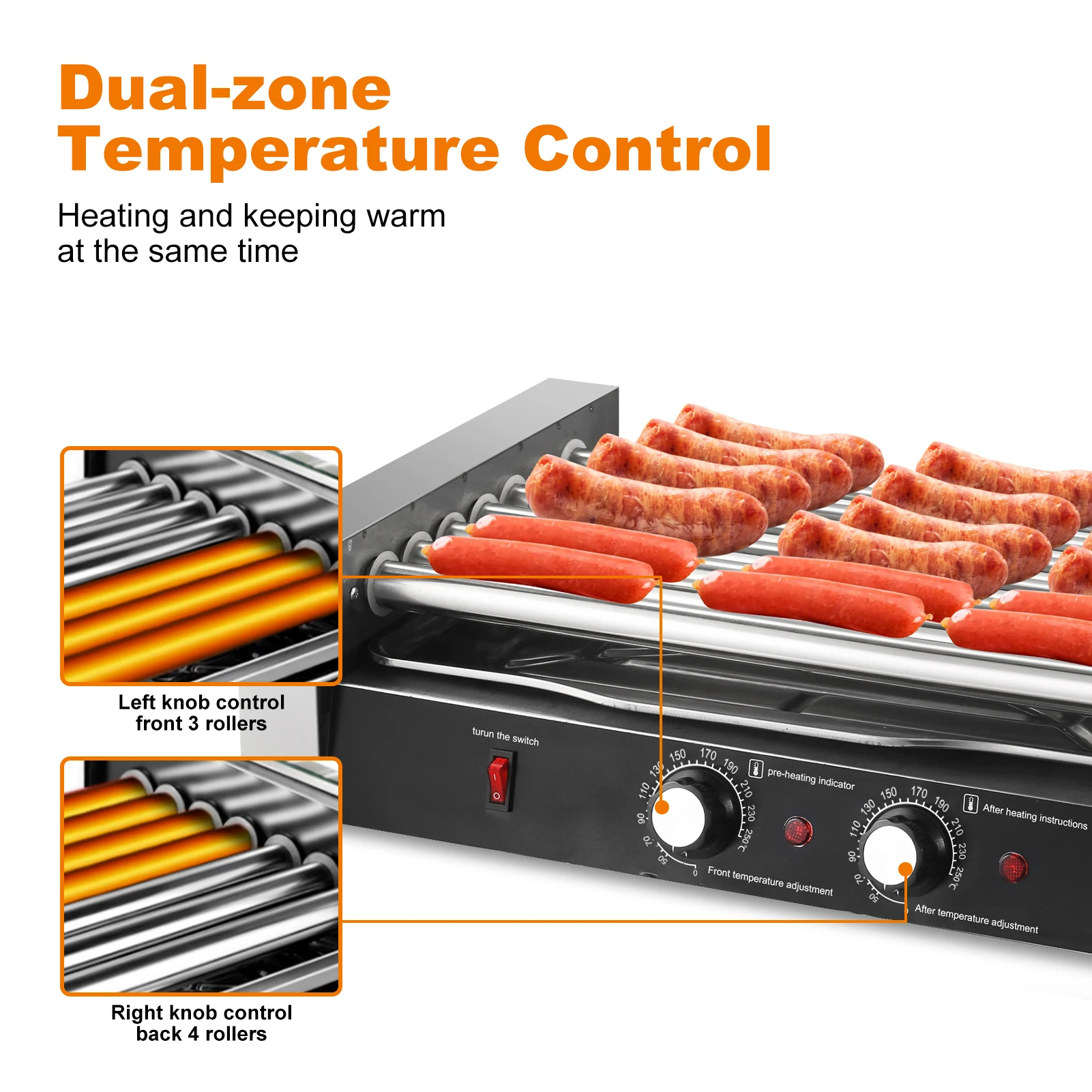 Hot Dog Machine 1200W Sausage Roller, Sausage Grill Cooker with Double Temp Control and Removable Oil Drip Tray for Kitchen
Hot Dog Machine 1200W Sausage Roller, Sausage Grill Cooker with Double Temp Control and Removable Oil Drip Tray for Kitchen