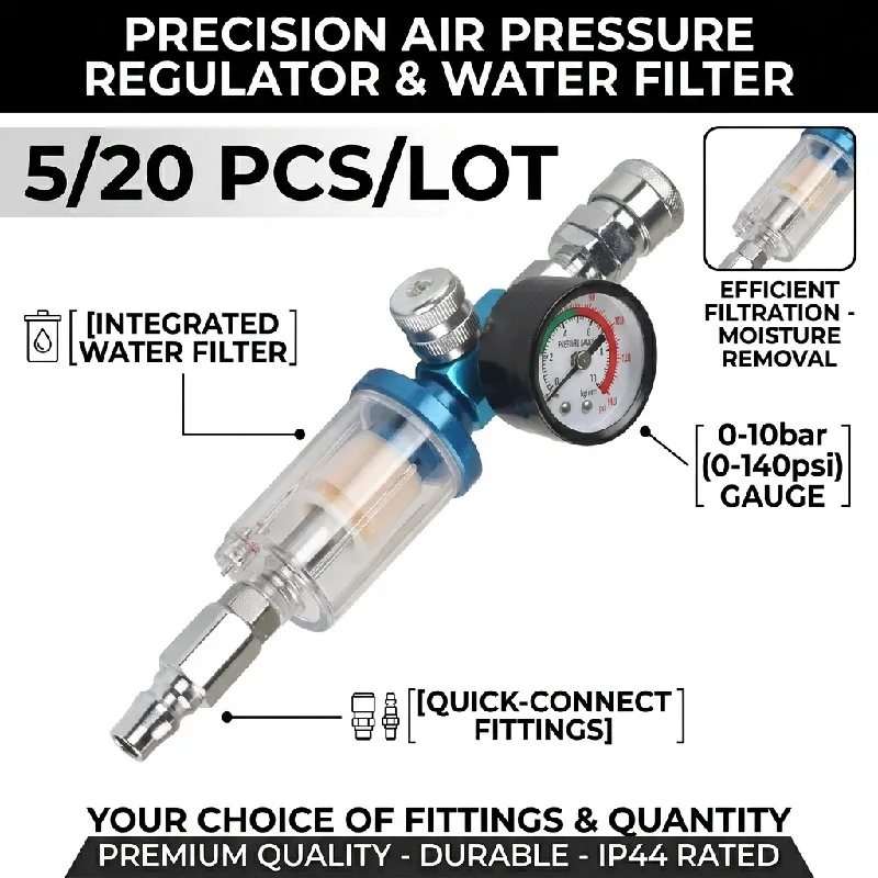 1/5/20PCS Air Pressure Regulator with Water Filter Trap Oil Water Separator G1/4 for Spray Gun Pneumatic Tools 0-10Bar 140PSI
1/5/20PCS Air Pressure Regulator with Water Filter Trap Oil Water Separator G1/4 for Spray Gun Pneumatic Tools 0-10Bar 140PSI