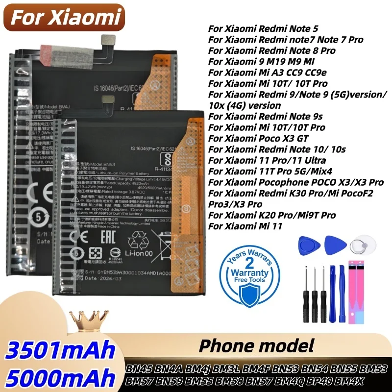 New Battery For Xiaomi MI Redmi Note K20 K30 Pro 5 7 8 9 9S 9T 10 10X 10T 10X 11T 11 Ultra 11T POCO X3 F2 4X Pro
New Battery For Xiaomi MI Redmi Note K20 K30 Pro 5 7 8 9 9S 9T 10 10X 10T 10X 11T 11 Ultra 11T POCO X3 F2 4X Pro