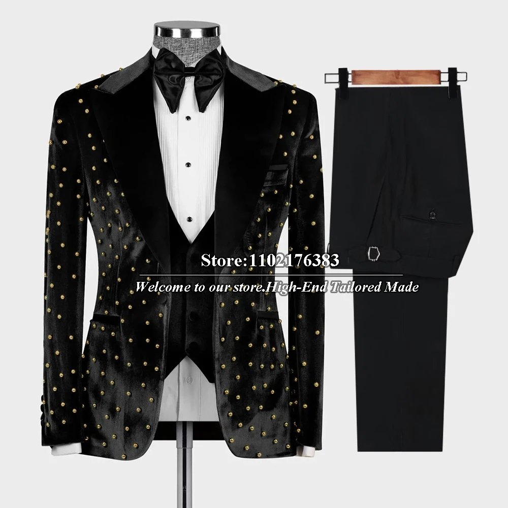 Gold Pearls Men's Suits Formal Wedding Tuxedo Groom Wear Black Lapel Velvet Blazer Vest Pants 3 Pcs Fashion Dress Tailored Coat
Gold Pearls Men's Suits Formal Wedding Tuxedo Groom Wear Black Lapel Velvet Blazer Vest Pants 3 Pcs Fashion Dress Tailored Coat