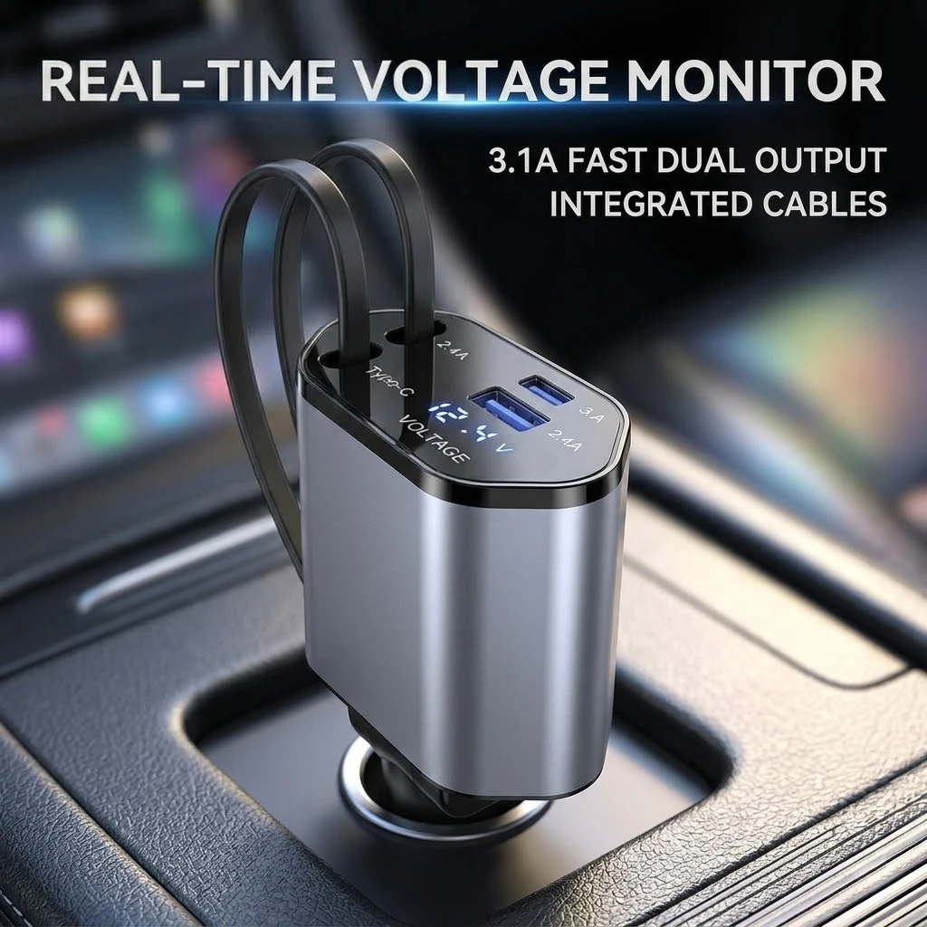 120W 4-Port Fast Car Charger Adapter with Dual Built-in Cables and LED Digital Voltage Display For Smart Phones Tablets Devices
120W 4-Port Fast Car Charger Adapter with Dual Built-in Cables and LED Digital Voltage Display For Smart Phones Tablets Devices