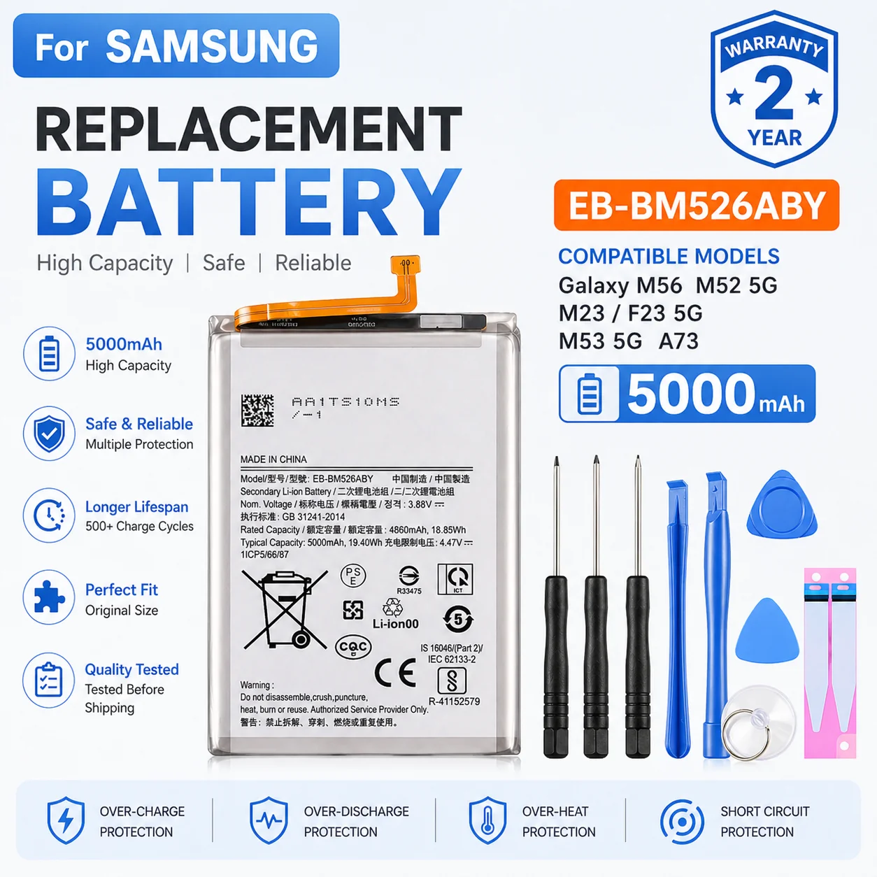 5000mAh Mobile Phone Replacement Battery For Samsung Galaxy M52 M56 M23 F23 M53 A73
5000mAh Mobile Phone Replacement Battery For Samsung Galaxy M52 M56 M23 F23 M53 A73