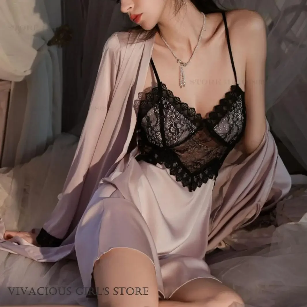 Sexy Hollow Out Lace Twinset Robe Set Nightgown Silky Satin Lingerie Nightwear Spring Summer New Home Dress Nightwear Loungewear
Sexy Hollow Out Lace Twinset Robe Set Nightgown Silky Satin Lingerie Nightwear Spring Summer New Home Dress Nightwear Loungewear