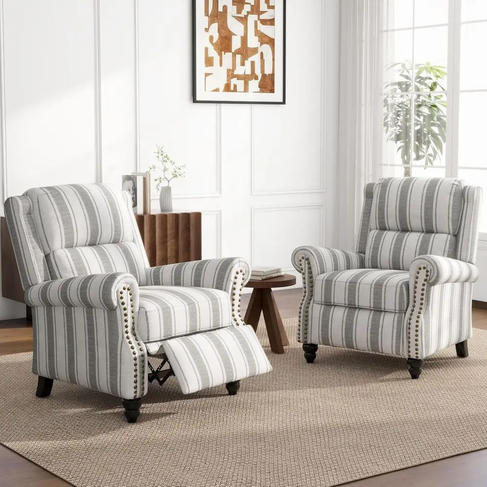Gray Striped Pushback Recliner Chairs Set of 2, Fabric Armchairs for Living Room, Club Chairs with Rivet Trim, Ideal for Home Th
Gray Striped Pushback Recliner Chairs Set of 2, Fabric Armchairs for Living Room, Club Chairs with Rivet Trim, Ideal for Home Th