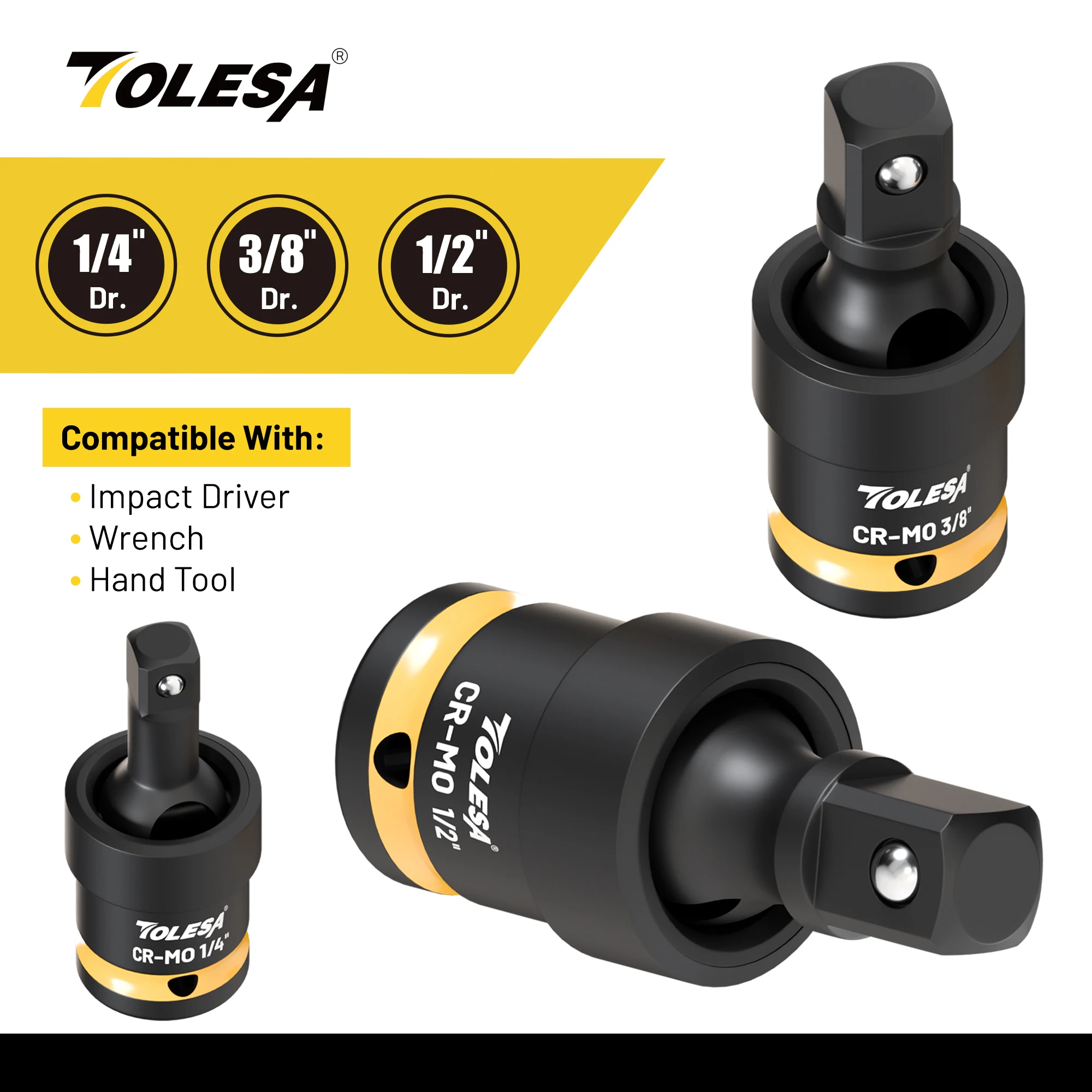 Набор ударных шарнирных головок, универсальный шарнирный ключ, ударный универсальный шарнир, Cr-Mo сталь, привод 1/4", 3/8", 1/2"
Набор ударных шарнирных головок, универсальный шарнирный ключ, ударный универсальный шарнир, Cr-Mo сталь, привод 1/4", 3/8", 1/2"