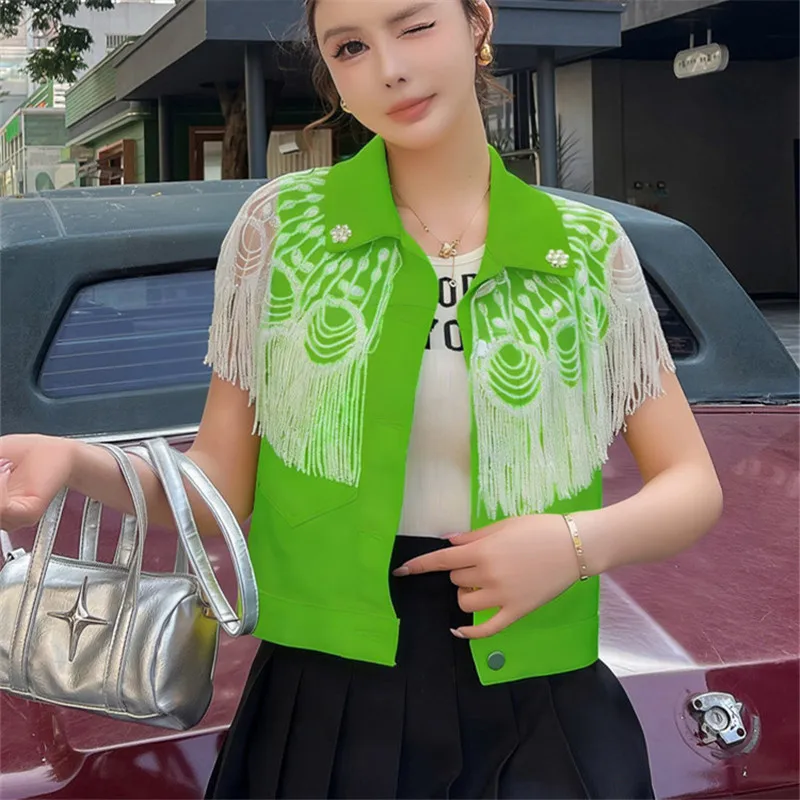 Summer New Solid Color Slim Thin Short Denim Vest Women Fashion Sequins Fringe Lapel Single-Breasted Sleeveless Cowboy Waistcoat
Summer New Solid Color Slim Thin Short Denim Vest Women Fashion Sequins Fringe Lapel Single-Breasted Sleeveless Cowboy Waistcoat