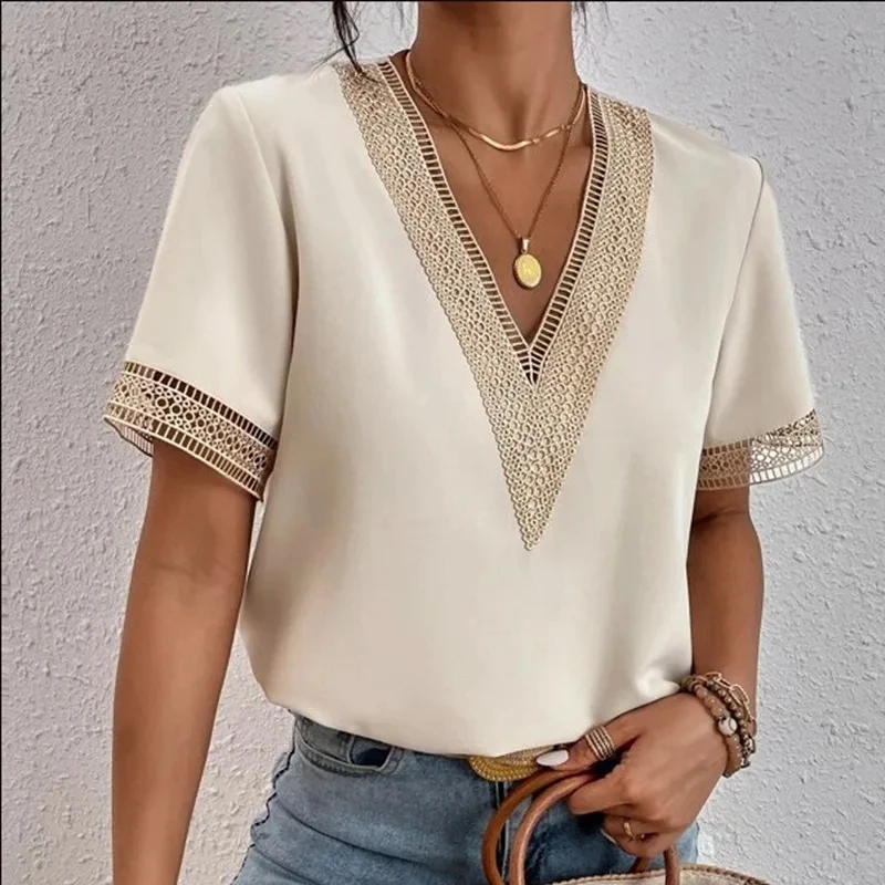 Summer Elegant Short Sleeve blouse V-neck Women Lace Shirt Solid Loose Woman Casual Fashion Office Shirts Tops Clothing 2512
Summer Elegant Short Sleeve blouse V-neck Women Lace Shirt Solid Loose Woman Casual Fashion Office Shirts Tops Clothing 2512